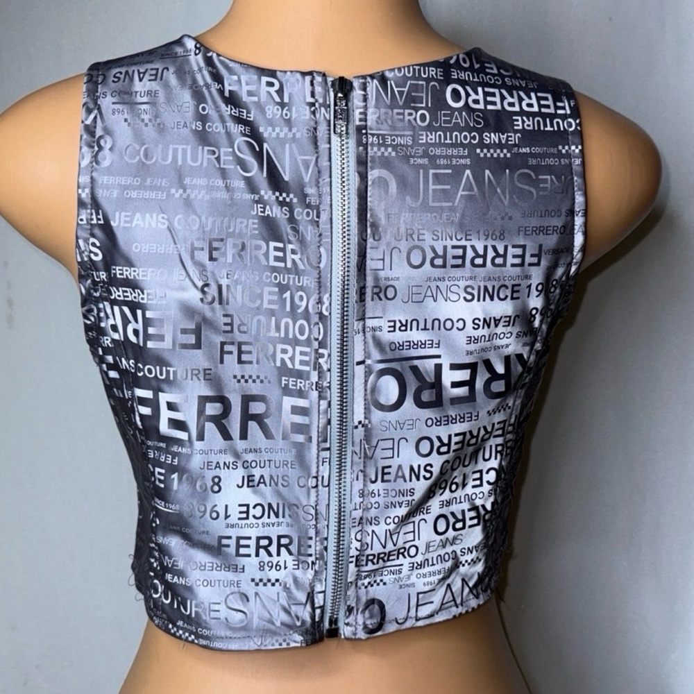 AKIRA Silver and Black Text Print Satin Corset Tank Top - Picture 3 of 4